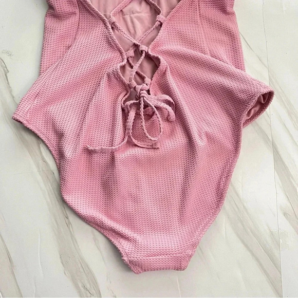 Aerie Waffle V-Neck One Piece Swimsuit Size XL Country Pink Adjustable Straps - Picture 8 of 14